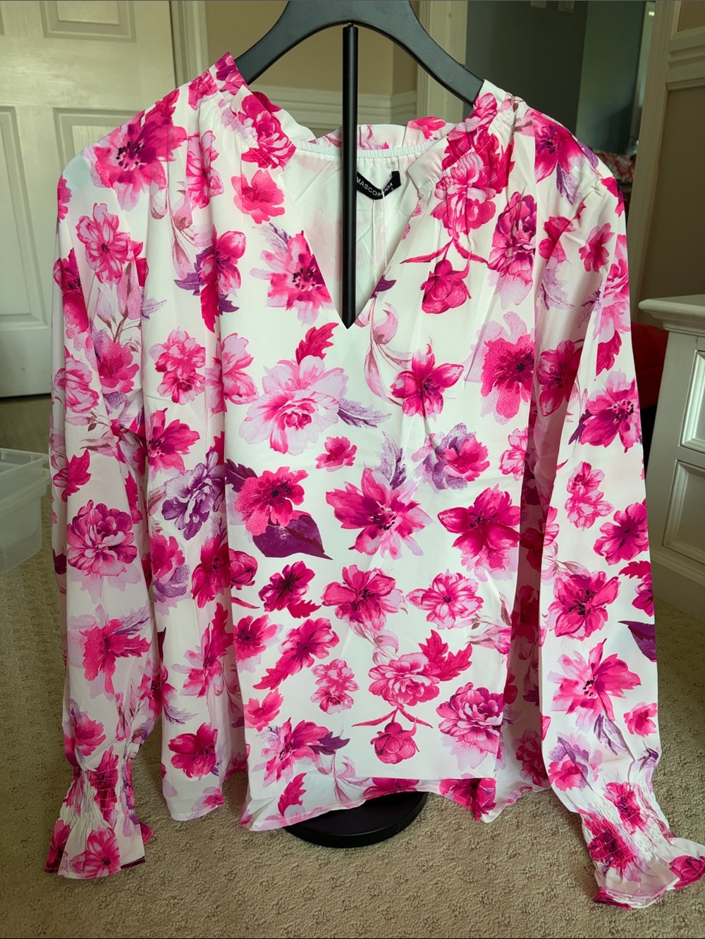 Floral V-Neck Long Sleeve Blouse - Pink/White